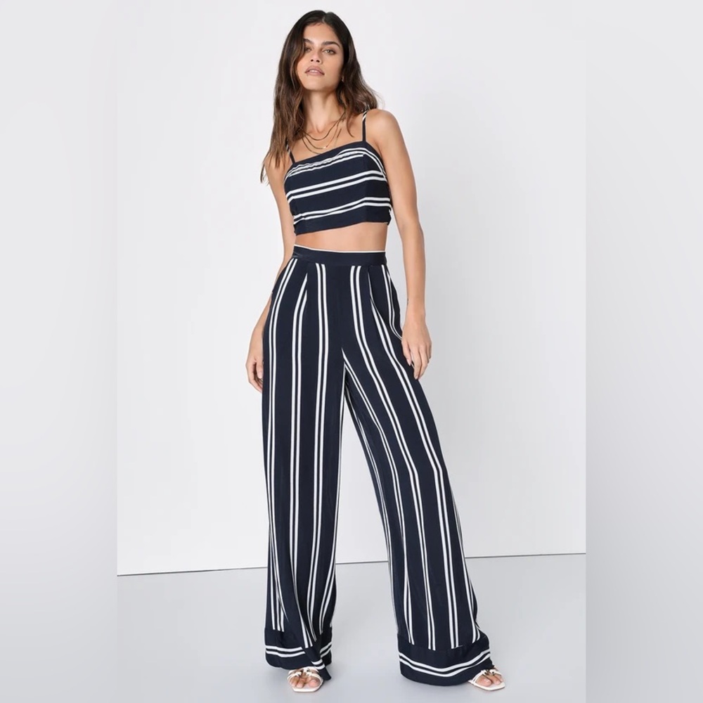 Coastal Living Navy Blue and White Striped Two-Piece Jumpsuit